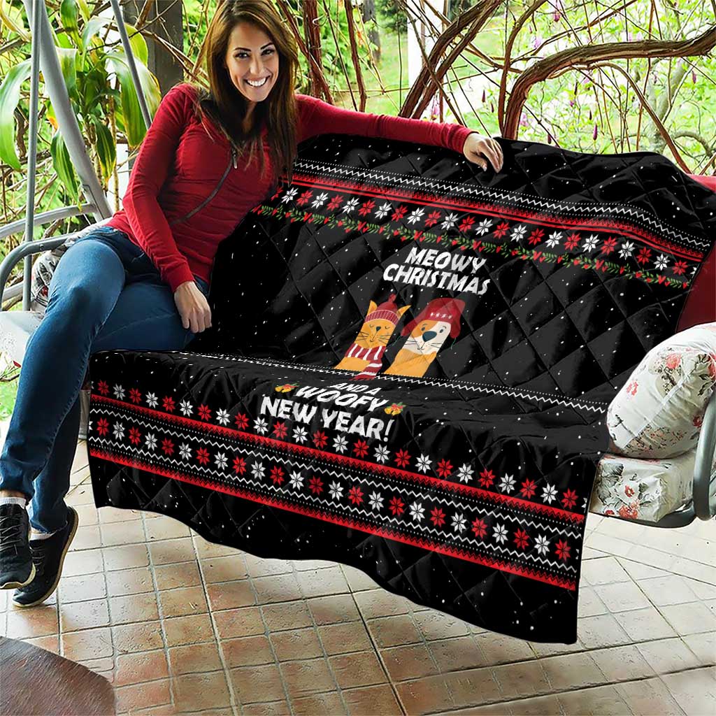 Meowy Christmas Woofy New Year Quilt with Cat and Dog in Winter Hats and Festive Pattern Design - Wonder Print Shop