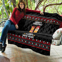 Meowy Christmas Woofy New Year Quilt with Cat and Dog in Winter Hats and Festive Pattern Design - Wonder Print Shop