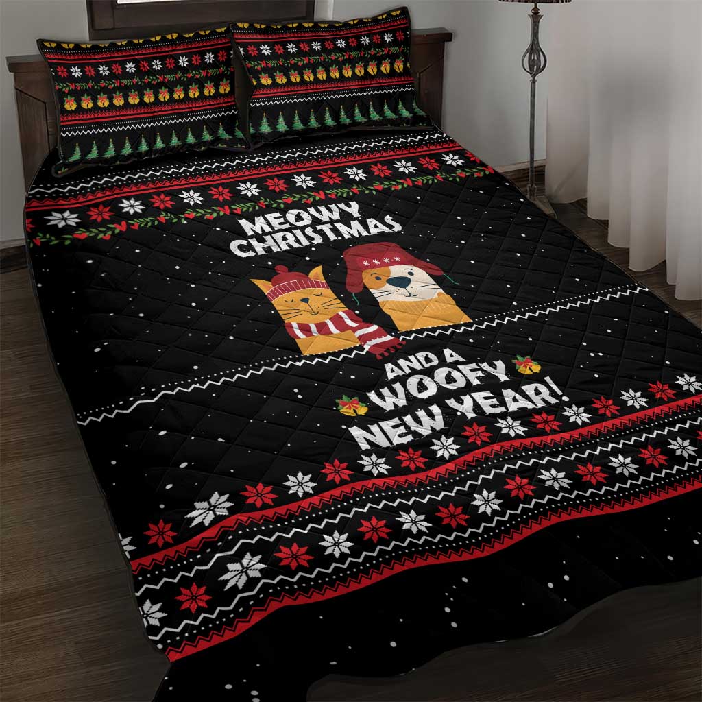 Meowy Christmas Woofy New Year Quilt Bed Set with Cat and Dog in Winter Hats and Festive Pattern Design - Wonder Print Shop