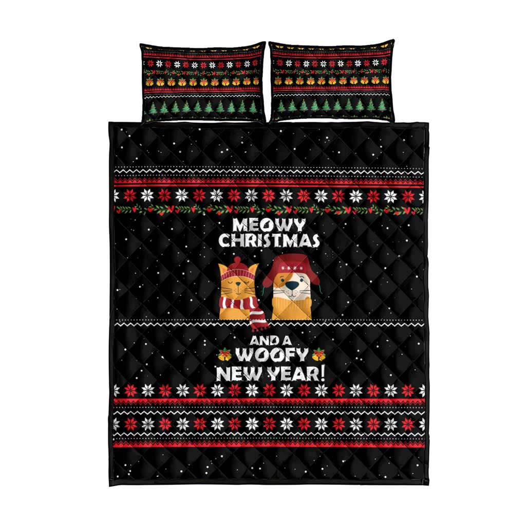 Meowy Christmas Woofy New Year Quilt Bed Set with Cat and Dog in Winter Hats and Festive Pattern Design - Wonder Print Shop