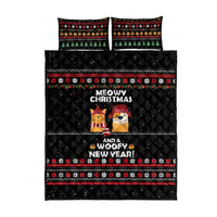 Meowy Christmas Woofy New Year Quilt Bed Set with Cat and Dog in Winter Hats and Festive Pattern Design - Wonder Print Shop