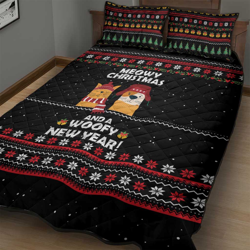 Meowy Christmas Woofy New Year Quilt Bed Set with Cat and Dog in Winter Hats and Festive Pattern Design - Wonder Print Shop