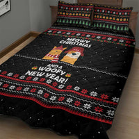 Meowy Christmas Woofy New Year Quilt Bed Set with Cat and Dog in Winter Hats and Festive Pattern Design - Wonder Print Shop