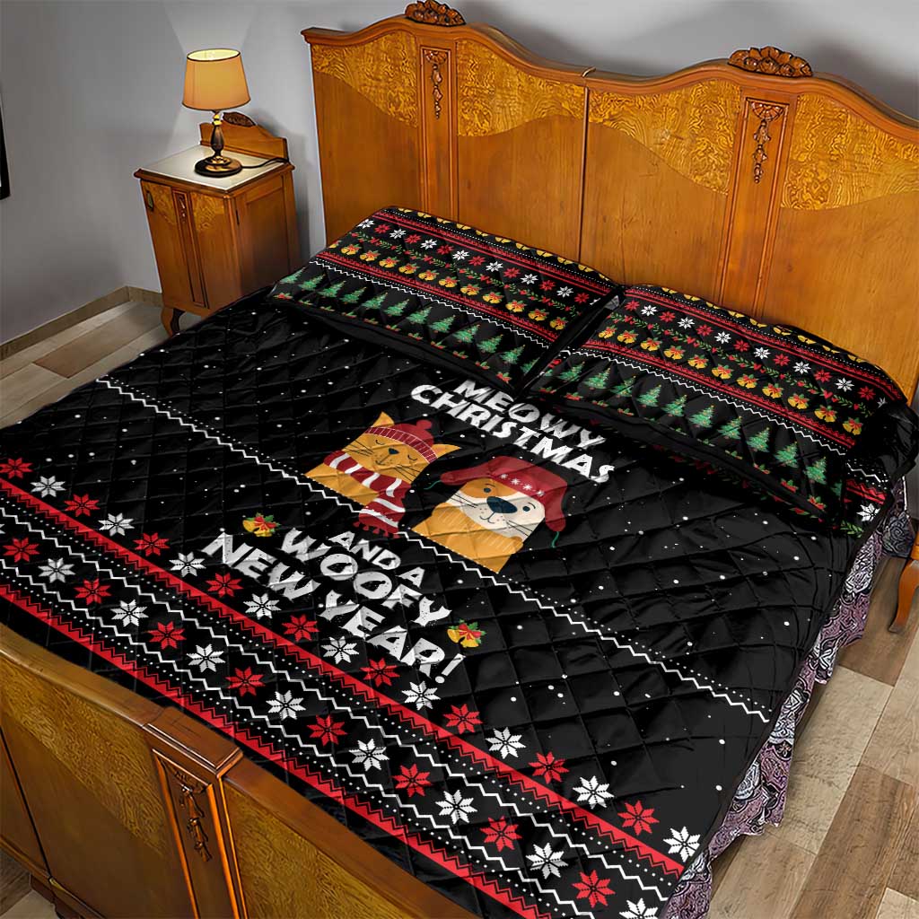 Meowy Christmas Woofy New Year Quilt Bed Set with Cat and Dog in Winter Hats and Festive Pattern Design - Wonder Print Shop