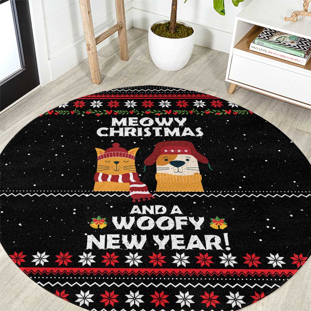 Meowy Christmas Woofy New Year Round Carpet with Cat and Dog in Winter Hats and Festive Pattern Design - Wonder Print Shop