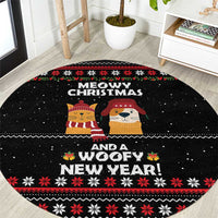 Meowy Christmas Woofy New Year Round Carpet with Cat and Dog in Winter Hats and Festive Pattern Design - Wonder Print Shop
