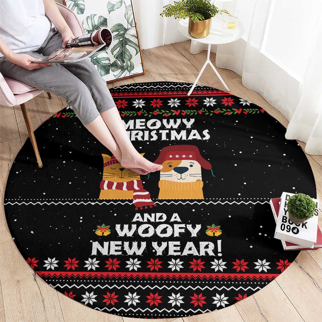 Meowy Christmas Woofy New Year Round Carpet with Cat and Dog in Winter Hats and Festive Pattern Design - Wonder Print Shop