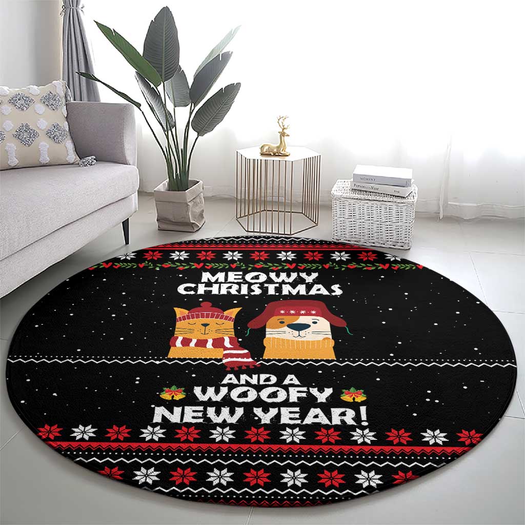 Meowy Christmas Woofy New Year Round Carpet with Cat and Dog in Winter Hats and Festive Pattern Design - Wonder Print Shop