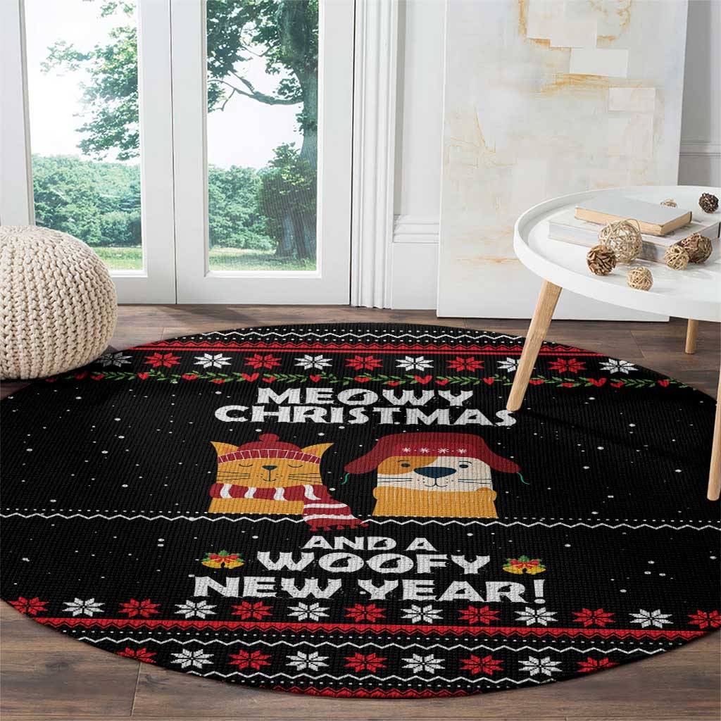 Meowy Christmas Woofy New Year Round Carpet with Cat and Dog in Winter Hats and Festive Pattern Design - Wonder Print Shop