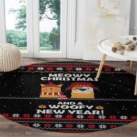 Meowy Christmas Woofy New Year Round Carpet with Cat and Dog in Winter Hats and Festive Pattern Design - Wonder Print Shop