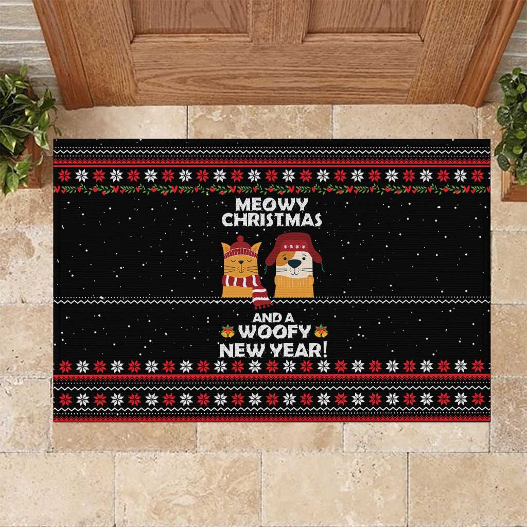 Meowy Christmas Woofy New Year Rubber Doormat with Cat and Dog in Winter Hats and Festive Pattern Design - Wonder Print Shop