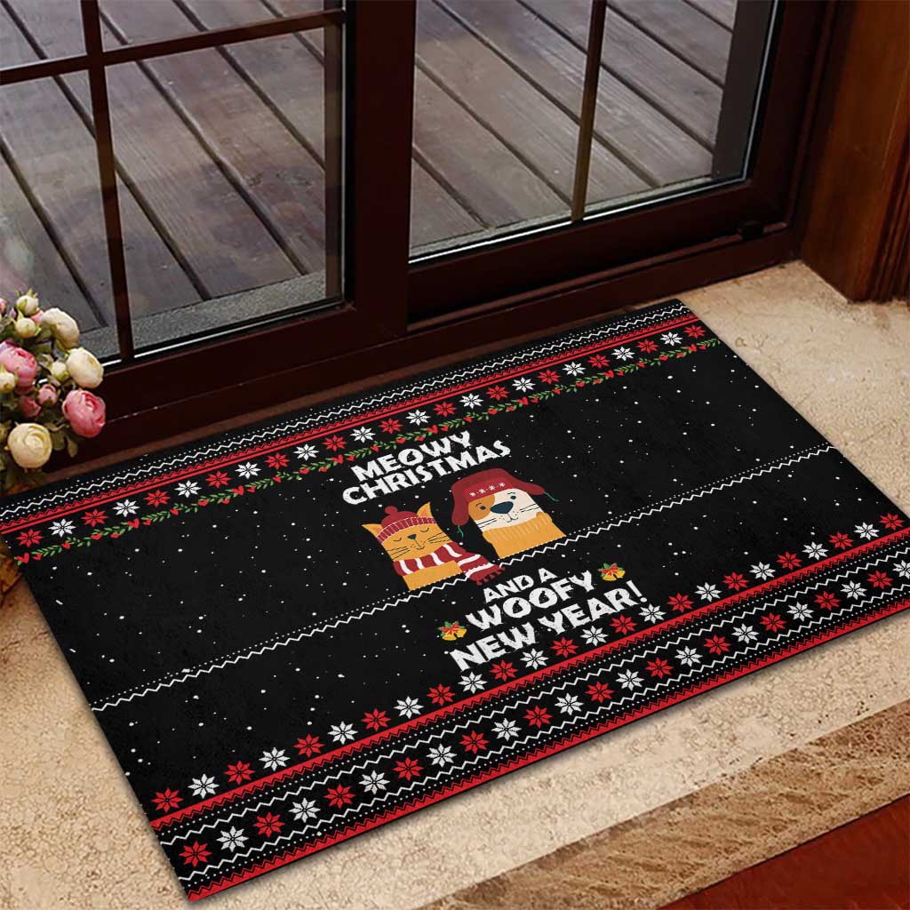 Meowy Christmas Woofy New Year Rubber Doormat with Cat and Dog in Winter Hats and Festive Pattern Design - Wonder Print Shop
