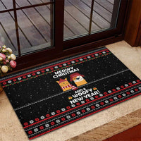Meowy Christmas Woofy New Year Rubber Doormat with Cat and Dog in Winter Hats and Festive Pattern Design - Wonder Print Shop