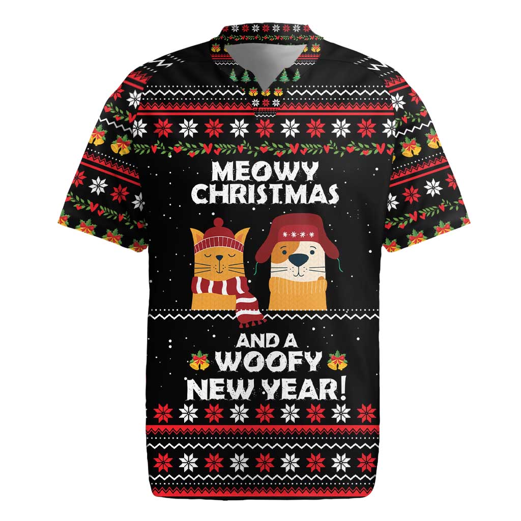 Meowy Christmas Woofy New Year Rugby Jersey with Cat and Dog in Winter Hats and Festive Pattern Design - Wonder Print Shop