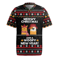 Meowy Christmas Woofy New Year Rugby Jersey with Cat and Dog in Winter Hats and Festive Pattern Design - Wonder Print Shop