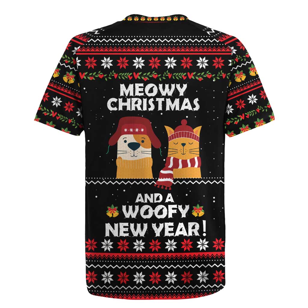 Meowy Christmas Woofy New Year Rugby Jersey with Cat and Dog in Winter Hats and Festive Pattern Design - Wonder Print Shop
