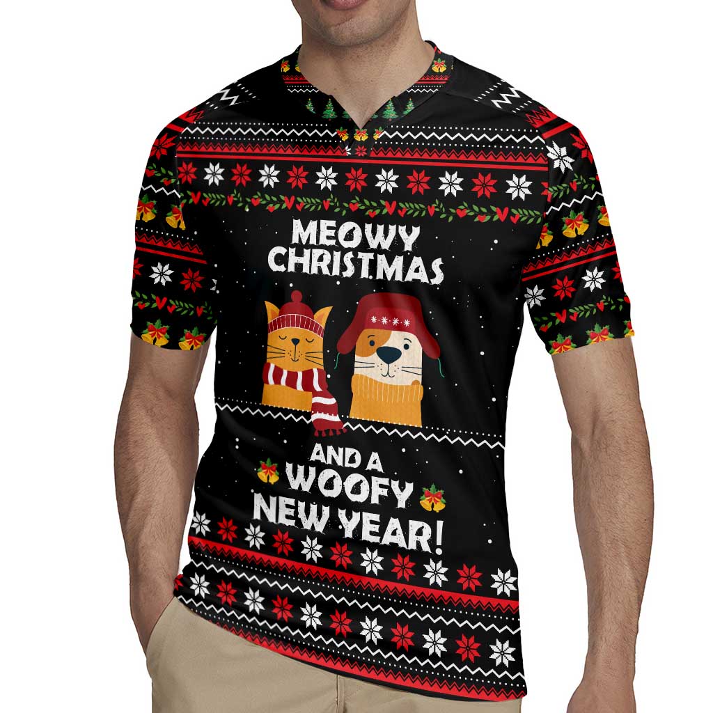Meowy Christmas Woofy New Year Rugby Jersey with Cat and Dog in Winter Hats and Festive Pattern Design - Wonder Print Shop