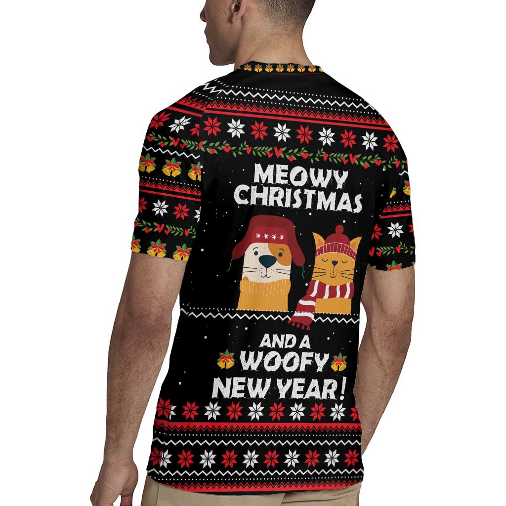 Meowy Christmas Woofy New Year Rugby Jersey with Cat and Dog in Winter Hats and Festive Pattern Design - Wonder Print Shop