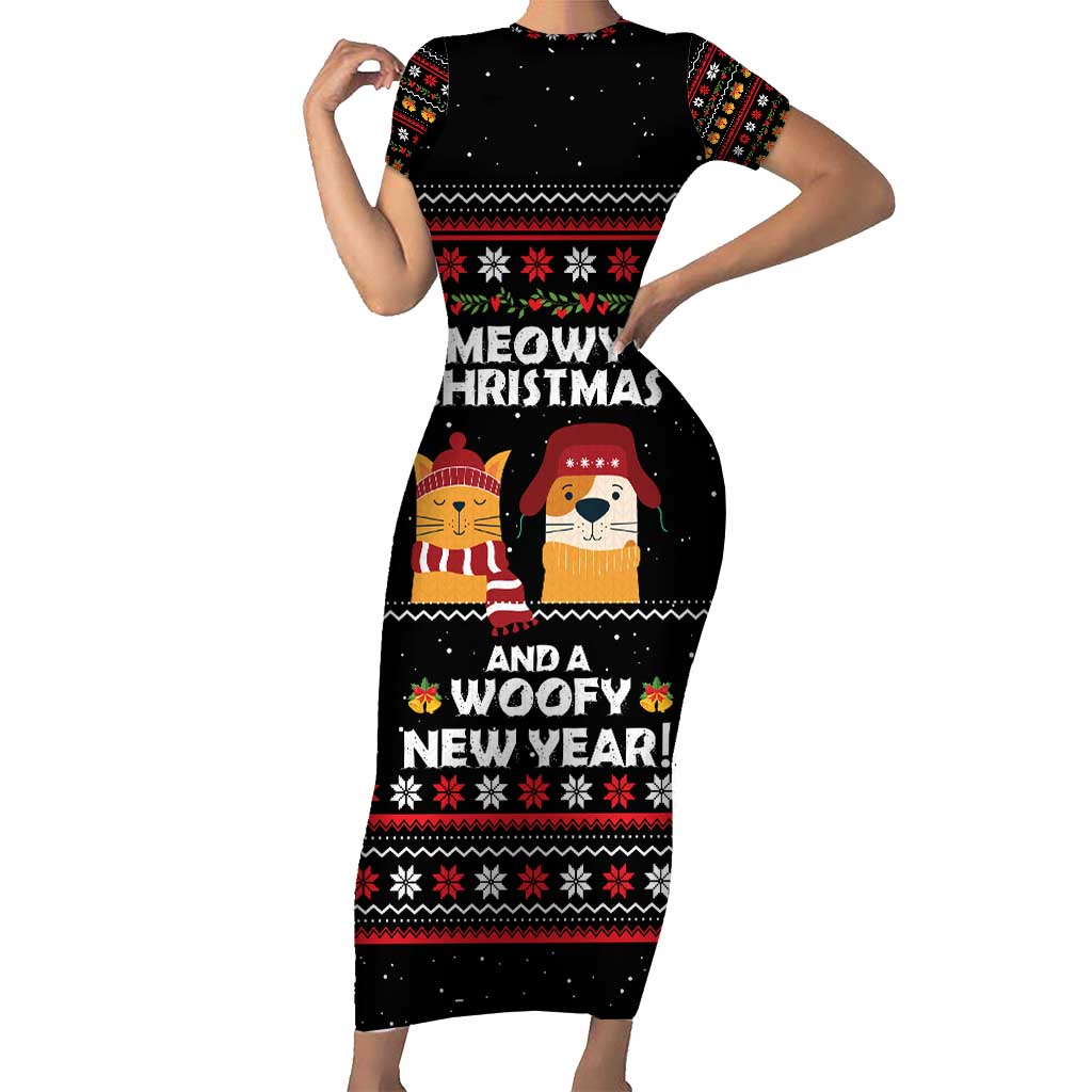 Meowy Christmas Woofy New Year Short Sleeve Bodycon Dress with Cat and Dog in Winter Hats and Festive Pattern Design - Wonder Print Shop