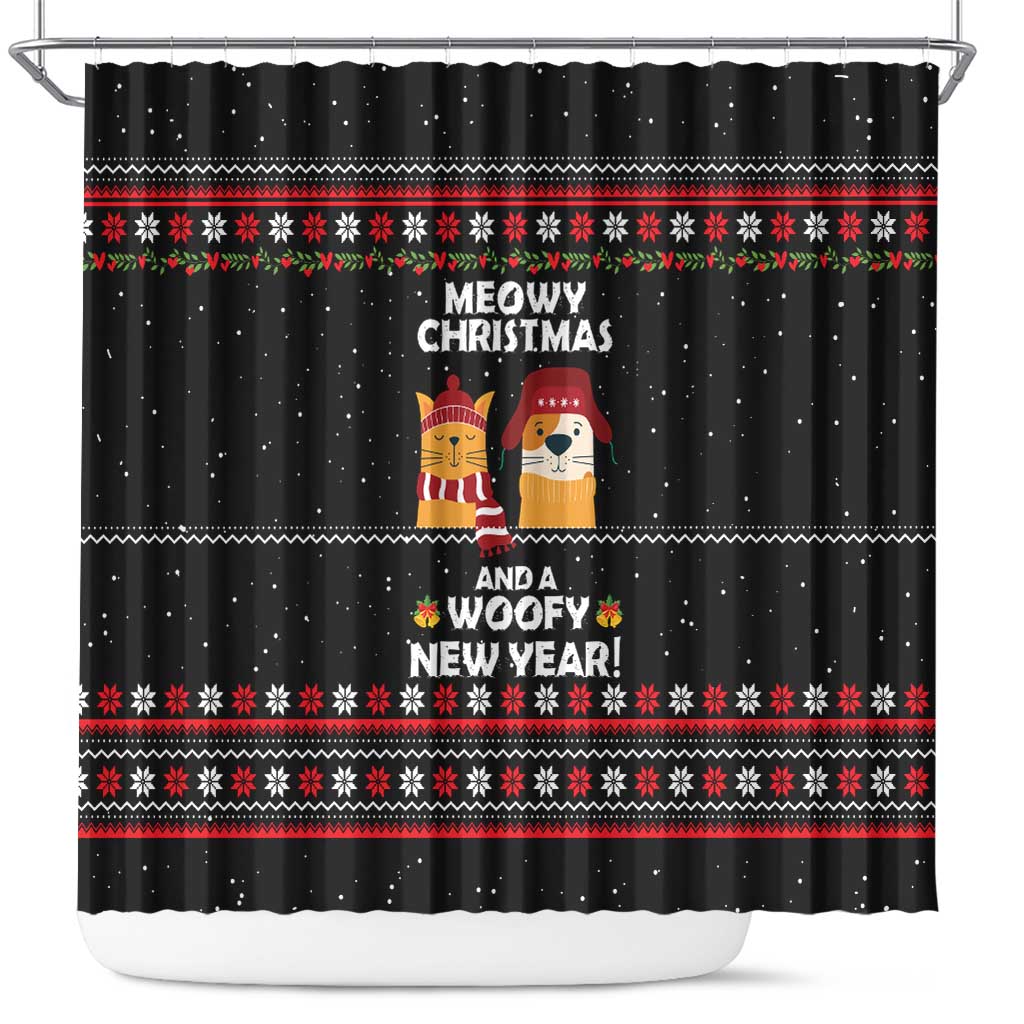 Meowy Christmas Woofy New Year Shower Curtain with Cat and Dog in Winter Hats and Festive Pattern Design - Wonder Print Shop