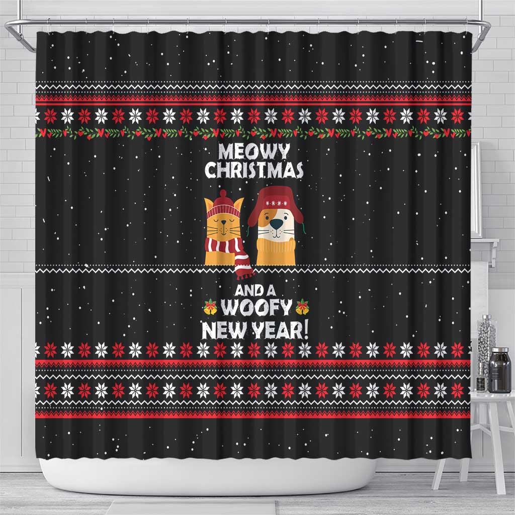 Meowy Christmas Woofy New Year Shower Curtain with Cat and Dog in Winter Hats and Festive Pattern Design - Wonder Print Shop