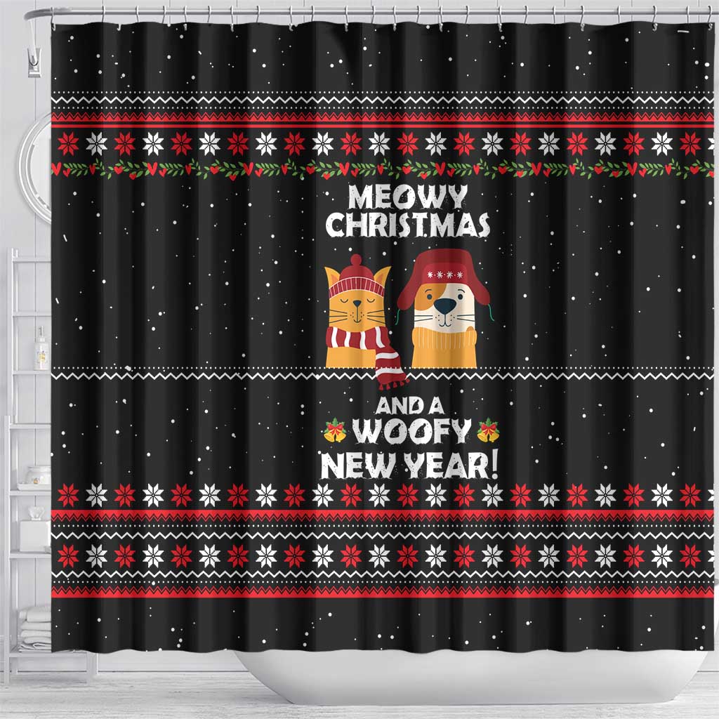 Meowy Christmas Woofy New Year Shower Curtain with Cat and Dog in Winter Hats and Festive Pattern Design - Wonder Print Shop