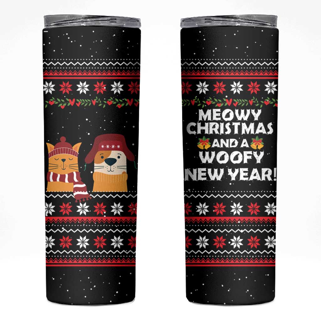Meowy Christmas Woofy New Year Skinny Tumbler with Cat and Dog in Winter Hats and Festive Pattern Design - Wonder Print Shop