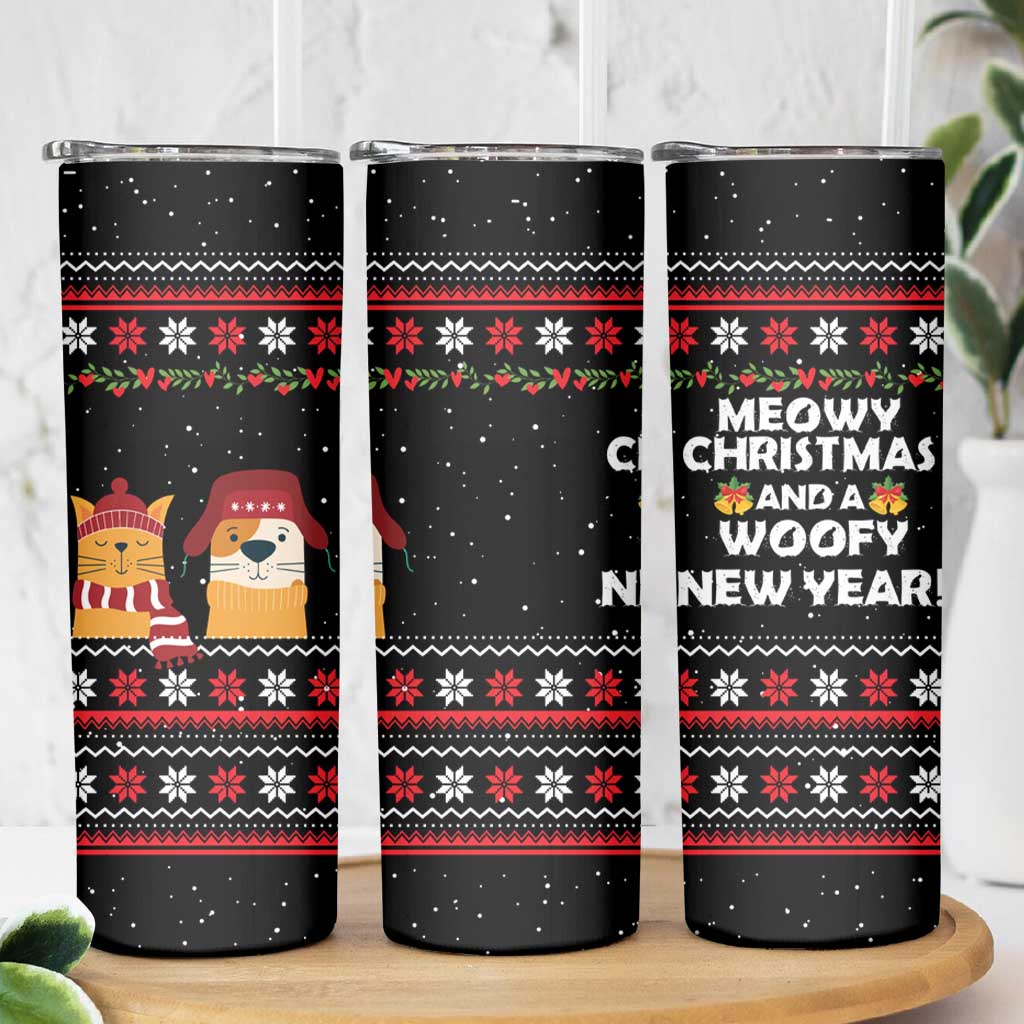 Meowy Christmas Woofy New Year Skinny Tumbler with Cat and Dog in Winter Hats and Festive Pattern Design - Wonder Print Shop