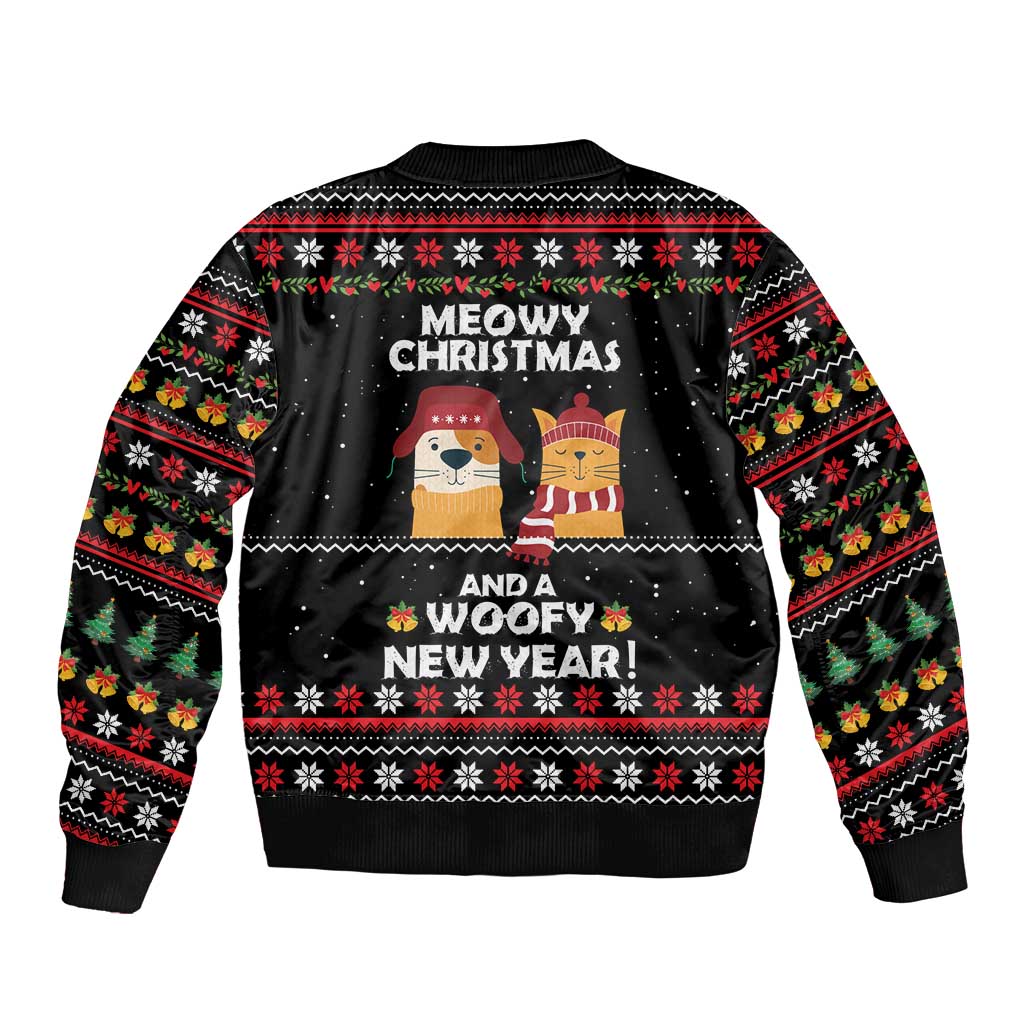 Meowy Christmas Woofy New Year Sleeve Zip Bomber Jacket with Cat and Dog in Winter Hats and Festive Pattern Design - Wonder Print Shop