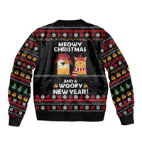 Meowy Christmas Woofy New Year Sleeve Zip Bomber Jacket with Cat and Dog in Winter Hats and Festive Pattern Design - Wonder Print Shop