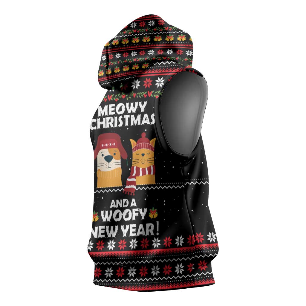 Meowy Christmas Woofy New Year Sleeveless Hoodie with Cat and Dog in Winter Hats and Festive Pattern Design - Wonder Print Shop