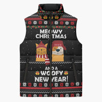 Meowy Christmas Woofy New Year Sleeveless Puffer Jacket with Cat and Dog in Winter Hats and Festive Pattern Design - Wonder Print Shop