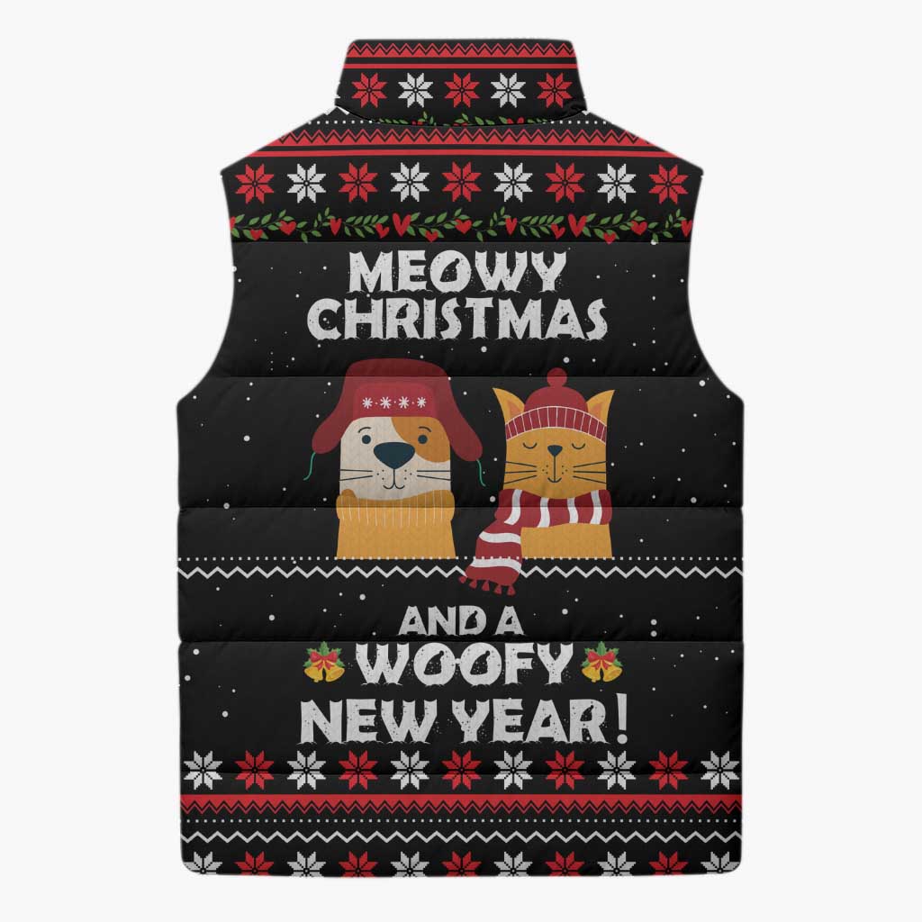 Meowy Christmas Woofy New Year Sleeveless Puffer Jacket with Cat and Dog in Winter Hats and Festive Pattern Design - Wonder Print Shop
