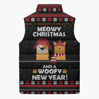 Meowy Christmas Woofy New Year Sleeveless Puffer Jacket with Cat and Dog in Winter Hats and Festive Pattern Design - Wonder Print Shop