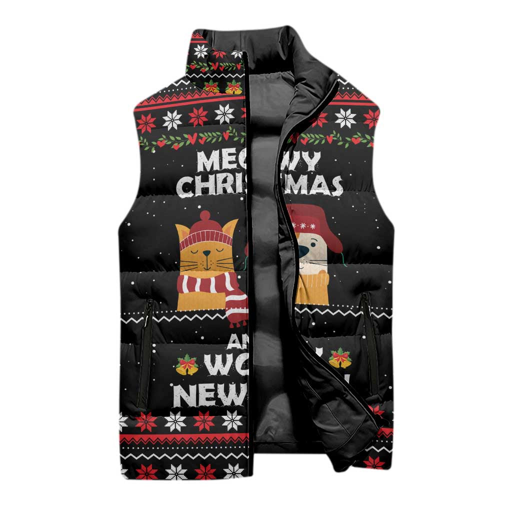Meowy Christmas Woofy New Year Sleeveless Puffer Jacket with Cat and Dog in Winter Hats and Festive Pattern Design - Wonder Print Shop
