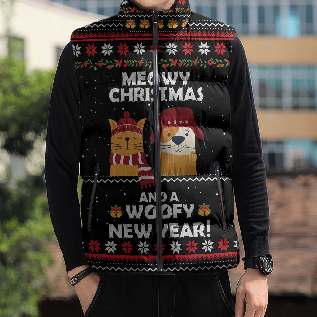 Meowy Christmas Woofy New Year Sleeveless Puffer Jacket with Cat and Dog in Winter Hats and Festive Pattern Design - Wonder Print Shop