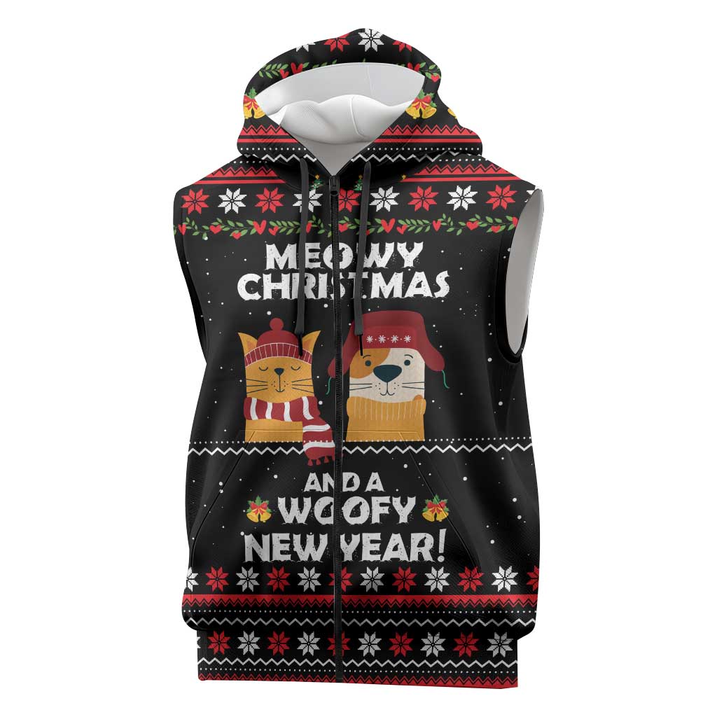Meowy Christmas Woofy New Year Sleeveless Zip Hoodie with Cat and Dog in Winter Hats and Festive Pattern Design - Wonder Print Shop