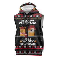 Meowy Christmas Woofy New Year Sleeveless Zip Hoodie with Cat and Dog in Winter Hats and Festive Pattern Design - Wonder Print Shop
