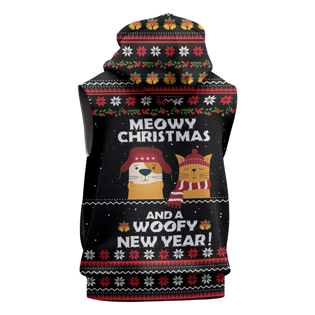 Meowy Christmas Woofy New Year Sleeveless Zip Hoodie with Cat and Dog in Winter Hats and Festive Pattern Design - Wonder Print Shop