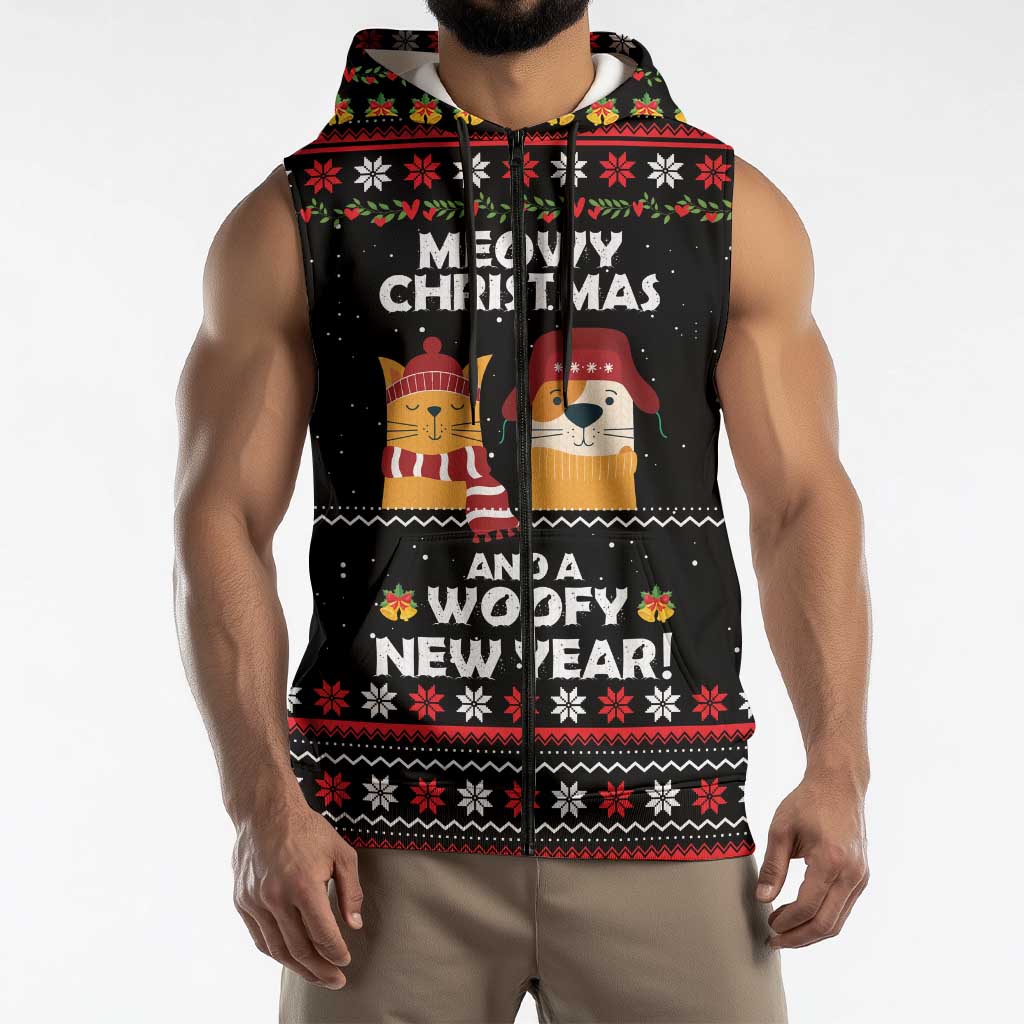 Meowy Christmas Woofy New Year Sleeveless Zip Hoodie with Cat and Dog in Winter Hats and Festive Pattern Design - Wonder Print Shop