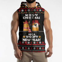 Meowy Christmas Woofy New Year Sleeveless Zip Hoodie with Cat and Dog in Winter Hats and Festive Pattern Design - Wonder Print Shop