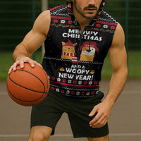 Meowy Christmas Woofy New Year Sleeveless Zip Hoodie with Cat and Dog in Winter Hats and Festive Pattern Design - Wonder Print Shop