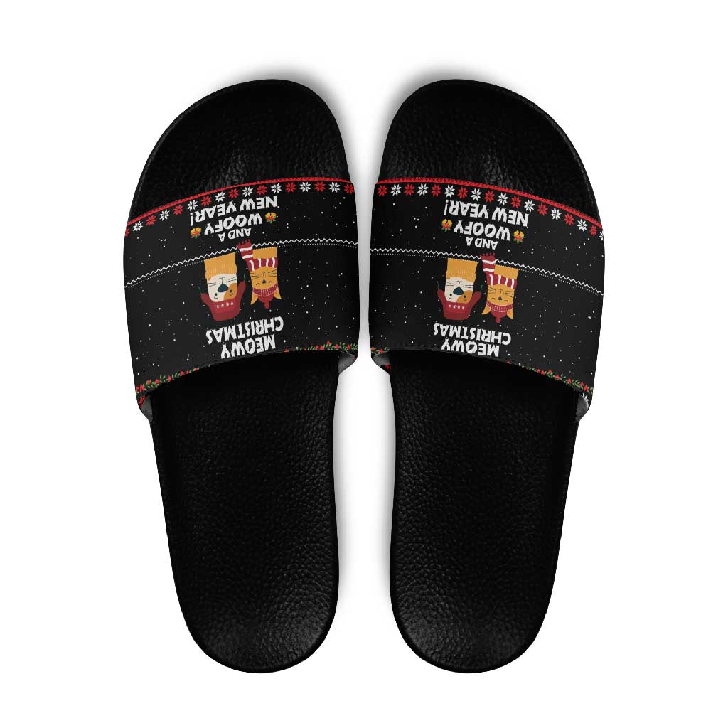 Meowy Christmas Woofy New Year Slide Sandals with Cat and Dog in Winter Hats and Festive Pattern Design - Wonder Print Shop