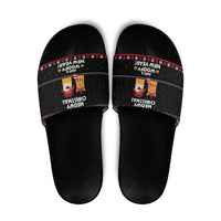 Meowy Christmas Woofy New Year Slide Sandals with Cat and Dog in Winter Hats and Festive Pattern Design - Wonder Print Shop
