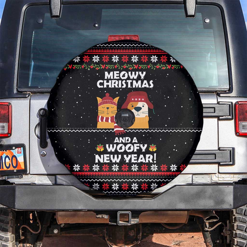 Meowy Christmas Woofy New Year Spare Tire Cover with Cat and Dog in Winter Hats and Festive Pattern Design - Wonder Print Shop