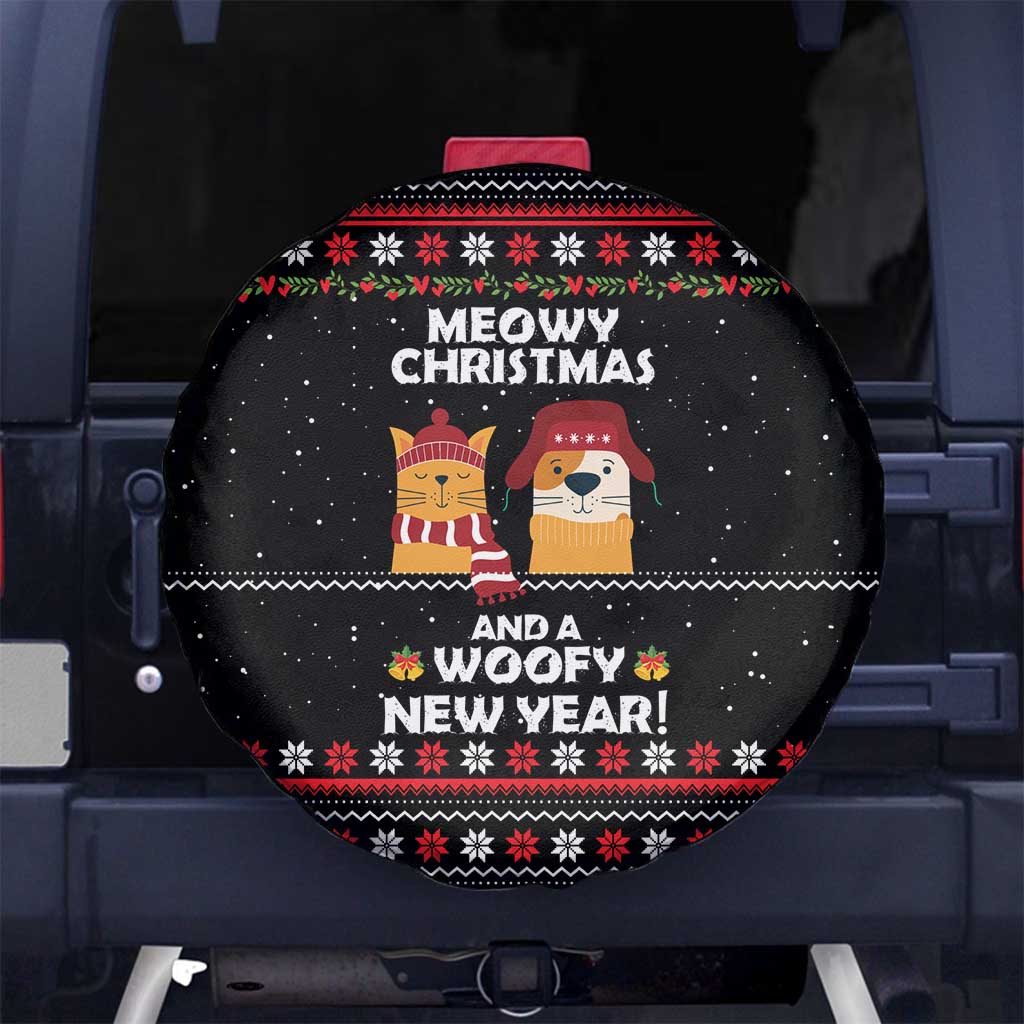 Meowy Christmas Woofy New Year Spare Tire Cover with Cat and Dog in Winter Hats and Festive Pattern Design - Wonder Print Shop