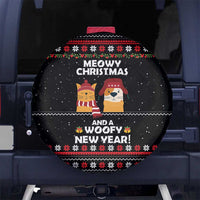 Meowy Christmas Woofy New Year Spare Tire Cover with Cat and Dog in Winter Hats and Festive Pattern Design - Wonder Print Shop