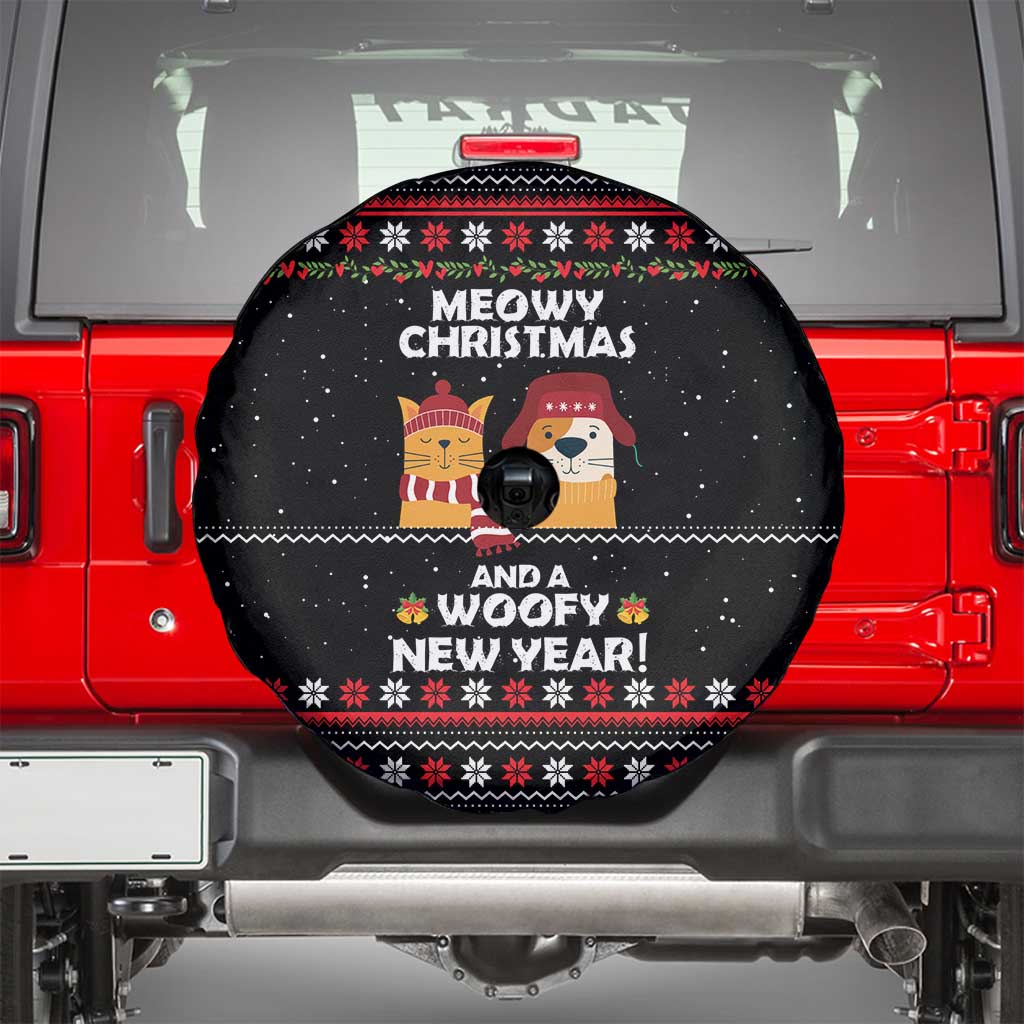 Meowy Christmas Woofy New Year Spare Tire Cover with Cat and Dog in Winter Hats and Festive Pattern Design - Wonder Print Shop