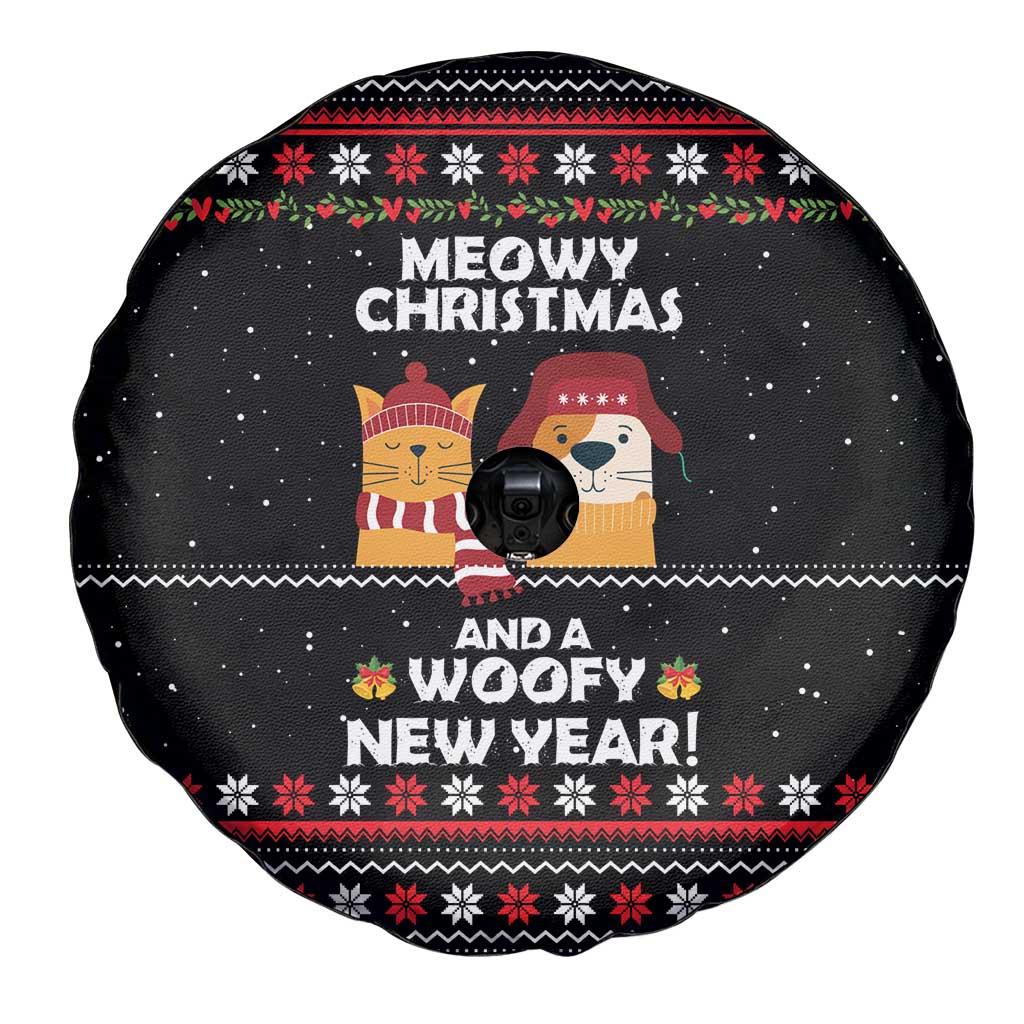 Meowy Christmas Woofy New Year Spare Tire Cover with Cat and Dog in Winter Hats and Festive Pattern Design - Wonder Print Shop
