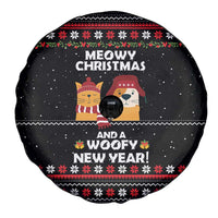 Meowy Christmas Woofy New Year Spare Tire Cover with Cat and Dog in Winter Hats and Festive Pattern Design - Wonder Print Shop
